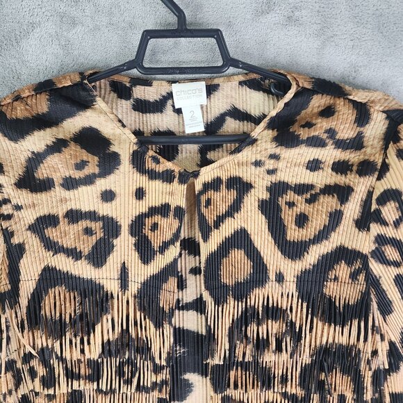 Womens Chicos Collection Leopard Print Pleated & Fringe Cardigan Top Size 2 (L) - Picture 4 of 10